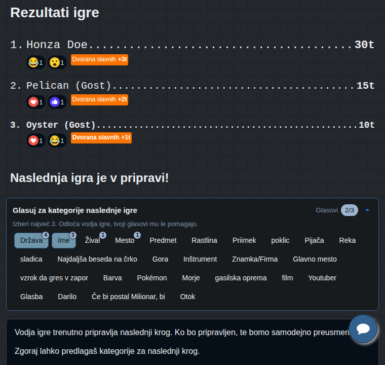 Rezultati igre