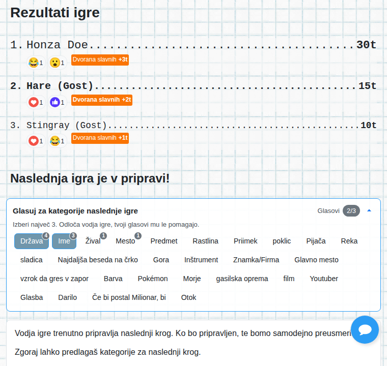 Rezultati igre