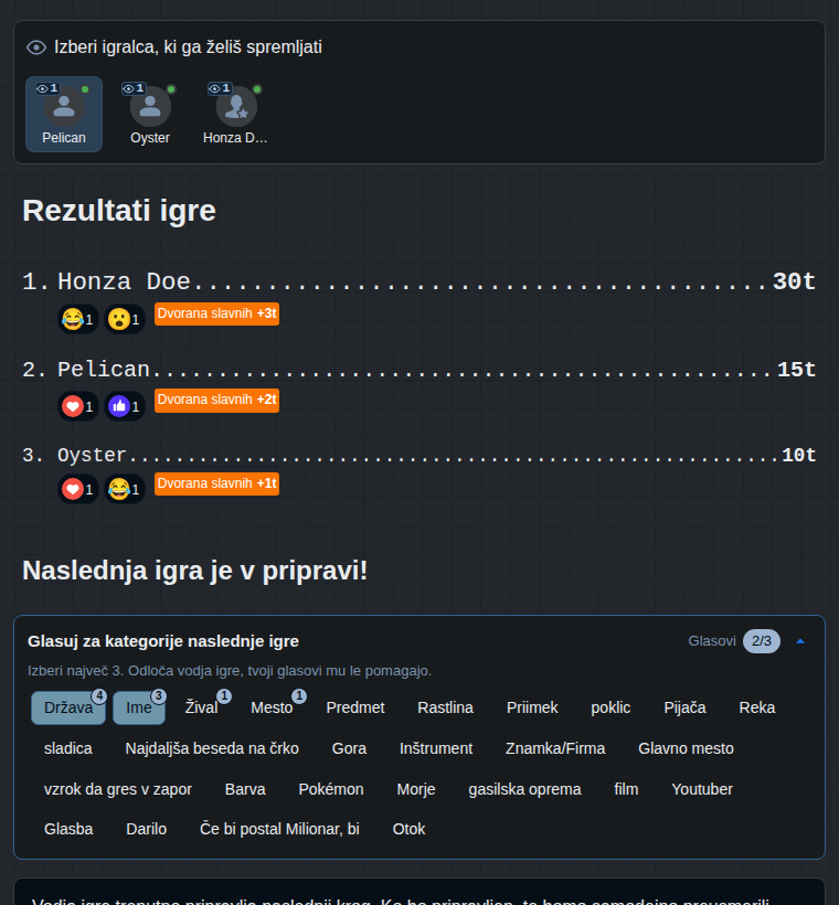 Konec igre z vidika gledalca: rezultati in glasovanje o kategorijah naslednje igre