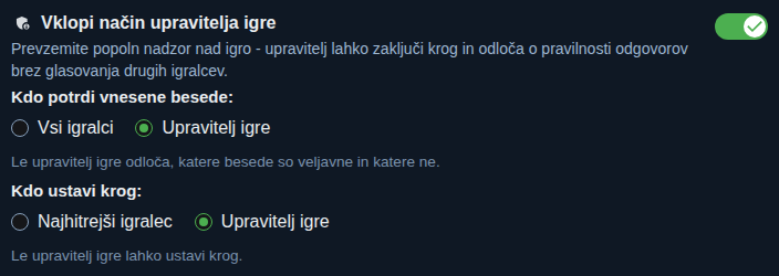 Nastavitev: način gostitelja igre
