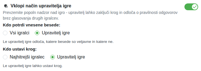 Nastavitev: način gostitelja igre